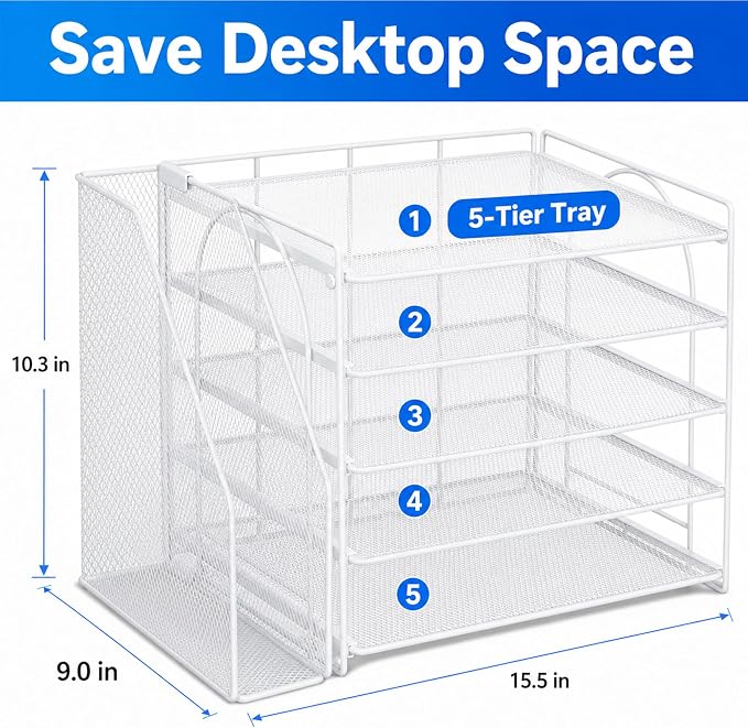 OPNICE Desk Organizer, 5-Tier Paper Organizer Letter Tray with Magazine Holder, Office Desk Accessories & Workspace Organizers, Desktop File Organizer for Office Supplies Storage, White
