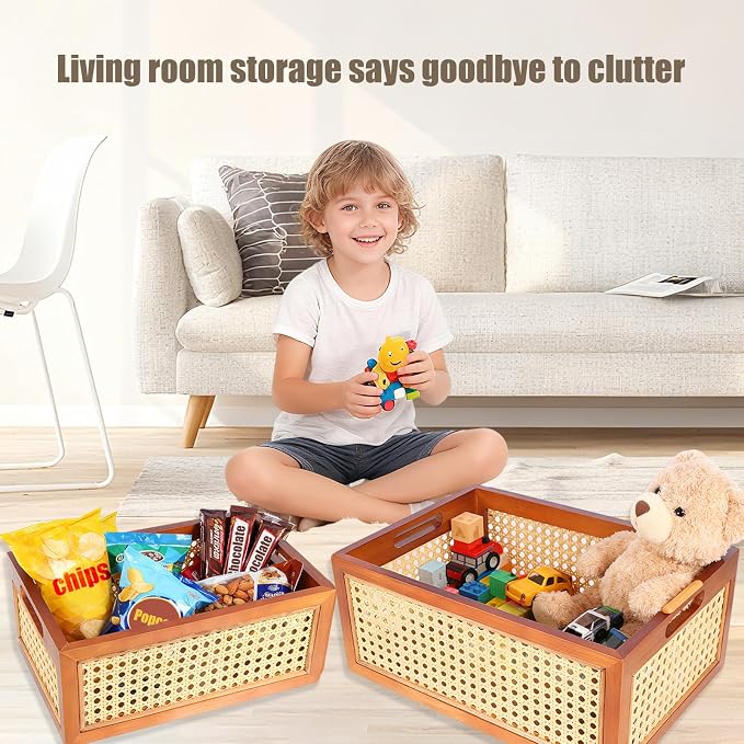 Rattan Storage Baskets Set, Wooden Frame with Woven Cane Design, Nesting Organizer Bins for Living room Bedroom Bathroom Kitchen Shelf, Set of 2