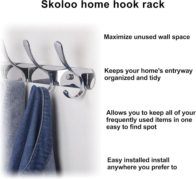 SKOLOO Coat Rack Wall Mount - Modern, Metal Wall Coat Rack with 5 Hooks, Pack of 2, Sturdy Wall Hook Rack Rail for Hanging Coat, Jacket, Clothes, Hat, Silver