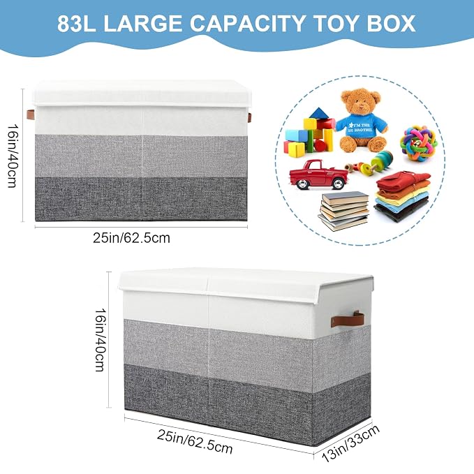 Mayniu Toy Box Storage Chest with Divider, Large Sturdy Toy Bin Organizer Basket with Lid for Kids, Boys, Girls, Nursery, Living Room, Bedroom, Playroom, Closet, 25"x13" x16"(Gradient Grey)