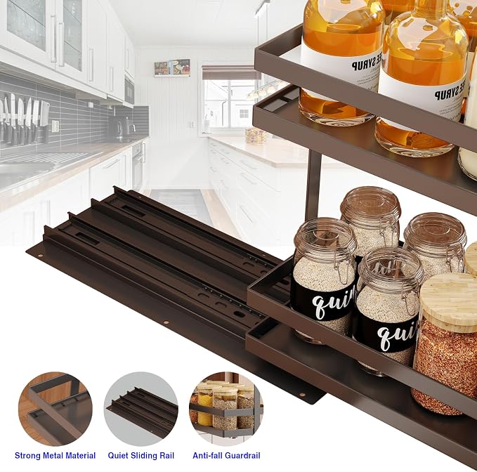 Mustorn 2 Pack Pull Out Spice Rack Organizer for Cabinet, 2 Tier Metal Slide Out Seasoning Organizer and Storage Heavy Duty Vertical Spice Rack Shelf Pullout for Kitchen Cabinets No Drilling (Black)