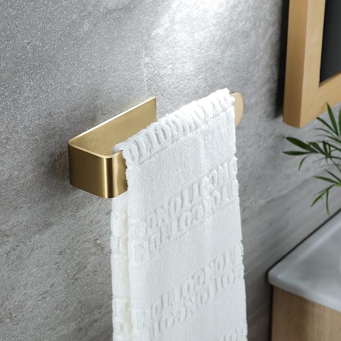 Taozun Gold Towel Holder Adhesive Hand Towel Bar Rack Brushed Brass Finish | Towel Ring, Stainless Steel, Rustproof, No Drill, Strong Stick, Rustproof, Sleek Nodern Look, Renter/RV Friendly, 7.9 Inch