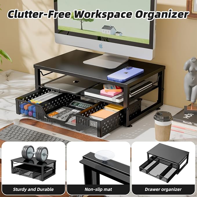 Simple Trending 2-Tier Monitor Stand Riser, Laptop & Printer Stand, Black | Metal Desk Organizer with Drawer, Desktop Organizer, Ergonomic Design, for Home Office, 16.34"W x 10.35"D x 3.5"H