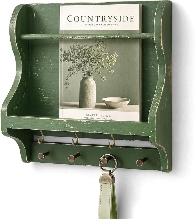 Pine Wood Mail Organizer Wall Mount with 7 Key Hooks for Room Decor, Green | Mail Holder for Wall, Key Hanger for Sunglasses and Wallets, Mail, Farmhouse Magazine Holder, Home Organization, Wood Decor