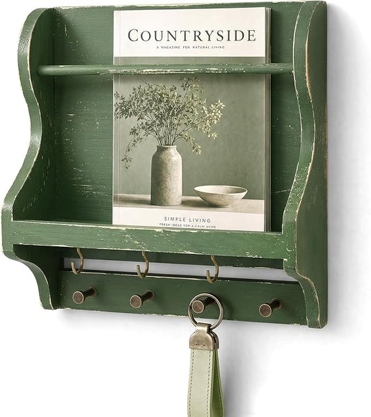 Pine Wood Mail Organizer Wall Mount with 7 Key Hooks for Room Decor, Green | Mail Holder for Wall, Key Hanger for Sunglasses and Wallets, Mail, Farmhouse Magazine Holder, Home Organization, Wood Decor