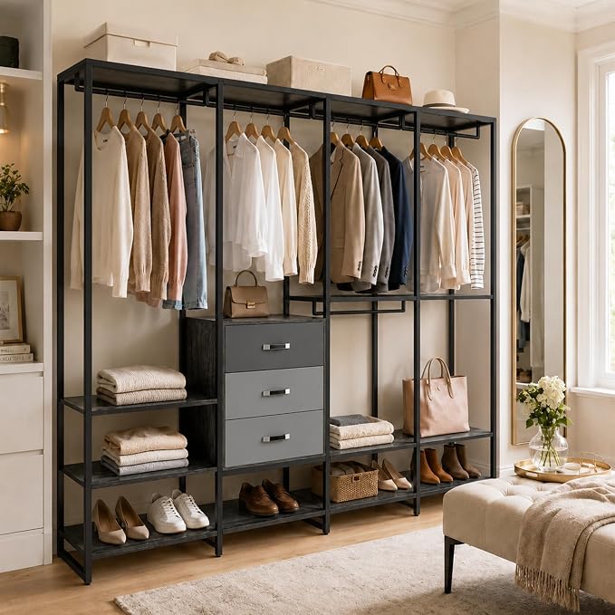 Freestanding Closet Organizer System with 3 Drawers, 6FT Heavy Duty Clothing Rack with Shelves and 6 Hanging Rods, Large Corner L Shaped Garment Rack, Grey Oak