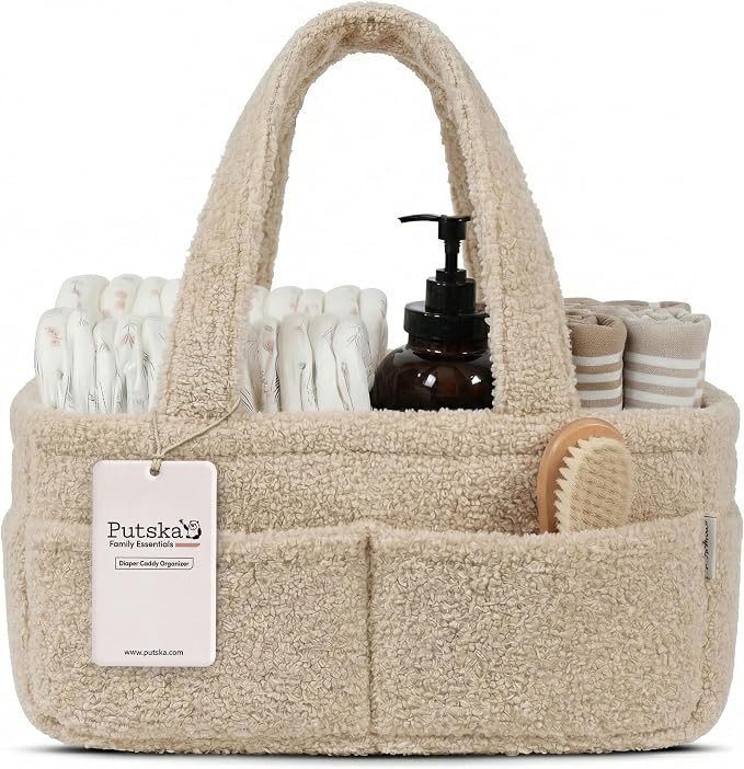PUTSKA Baby Diaper Caddy Organizer, Nursery Basket, Cream Fleece