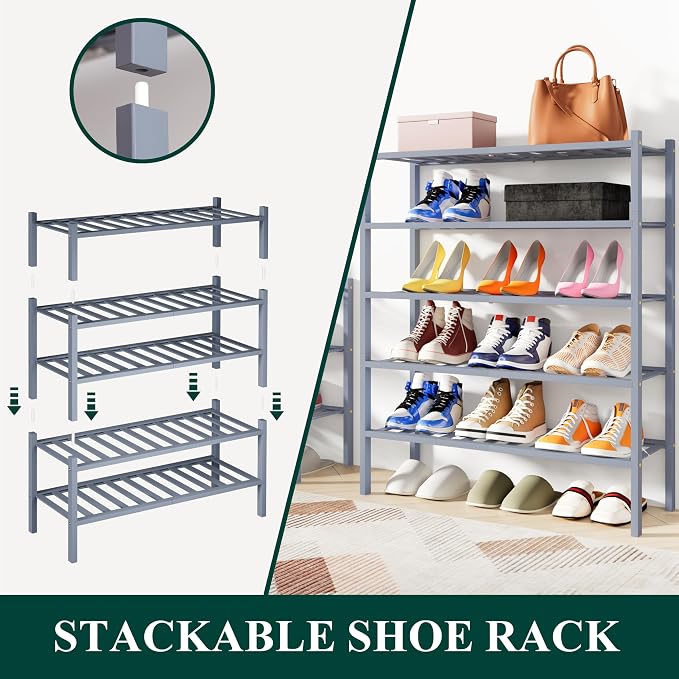 Smiry Bamboo Shoe Rack, 12 Vertical Slats, 2 Tier - 26.8" Wide, Grey | Stackable Free Standing Wooden Shoe Organizer, Wood Shoe Storage Shelf for Closet, Entryway