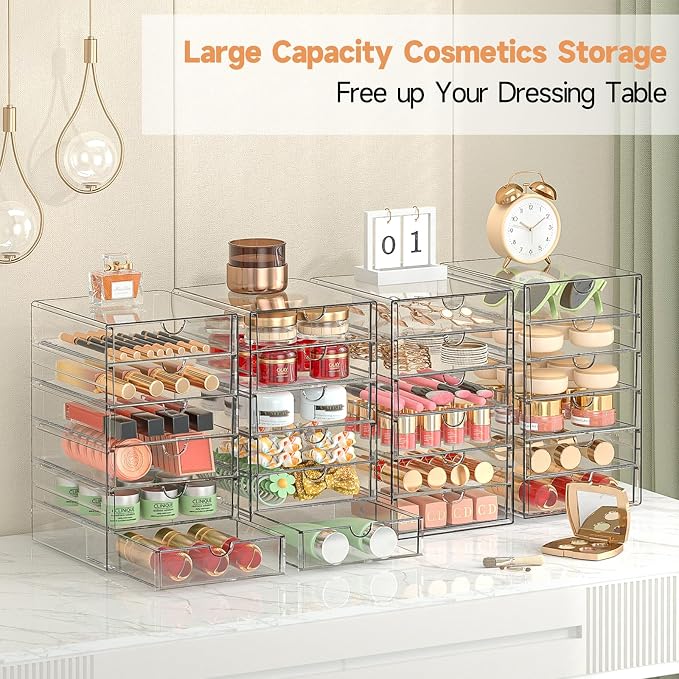 DOMNIU Acrylic Makeup Drawer Storage Organizer with 24 Drawers, 4 Set | Office Desk Organization and Storage, Dustproof Drawer Organizer for Makeup, Countertop, Jewelry, Desktop, Bathroom, Bedroom