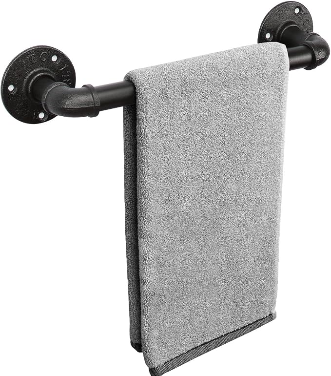 Livabber Industrial Pipe Towel Bar, Rustic Iron Decor Bathroom Hardware Towel Holder Accessory, Heavy Duty Wall Mounted Bath Towel Rack,Black (12 Inch)