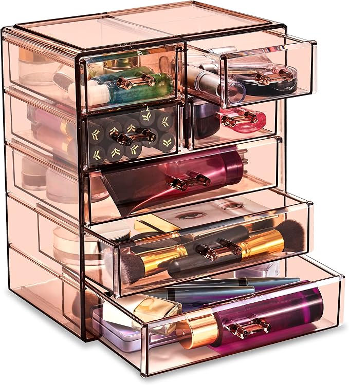 Sorbus Acrylic Makeup Organizer Set, 7-Drawer Vanity & Countertop Cosmetic Storage with Small & Wide Drawers, Bronze Glow Makeup Storage for Brushes, Lipsticks, Jewelry, Holiday Gift for Women & Teens