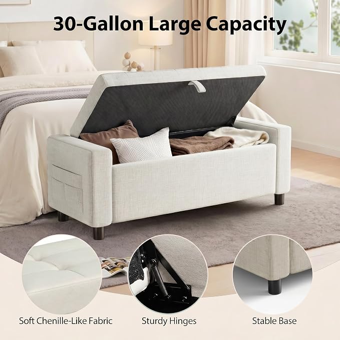 Marsail Upholstered Bench Rectangle Ottoman with Storage Bench for Bedroom End of Bed, Tufted Ottoman with Cushion, Modern Benches for Foot of Bed, Living Room, Entryway, Cream