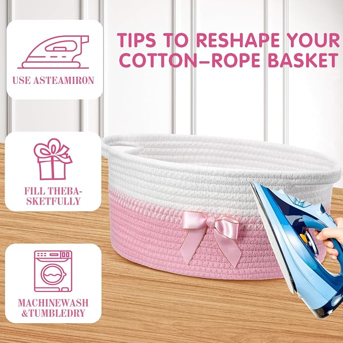 Colingmill 1 Set Woven Empty Basket for Gift,Pink White | with Cellophane Wrap Set, 14 x 10 x 5.5 Inch, Medium Decorative Gift Basket, Cotton Rope Storage Box, Home Decor