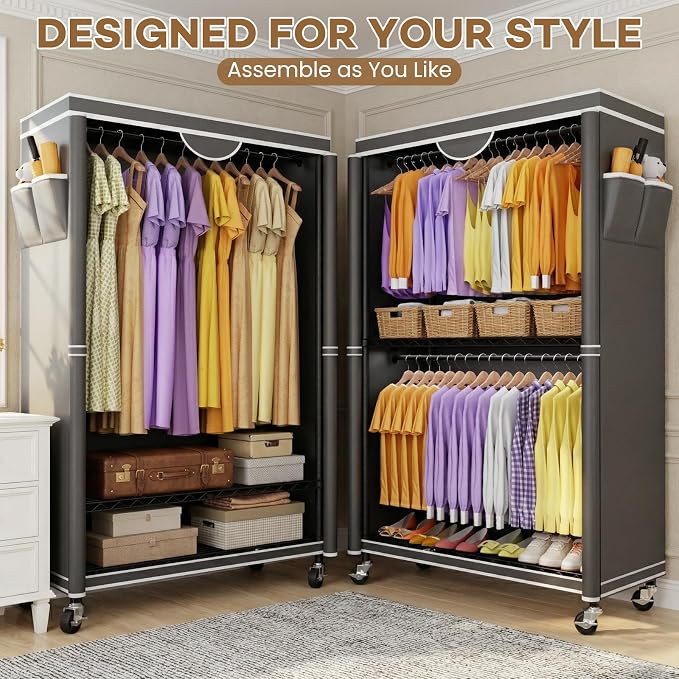 Clothes Rack With Cover, Heavy Duty Clothing Rack for Hanging Clothes | Rolling Garment Rack with Lockable Wheels, Metal Clothing Rack, Portable Closet 35.4"W x 17.1"D x 71.8"H, Hold 425 lbs, Black