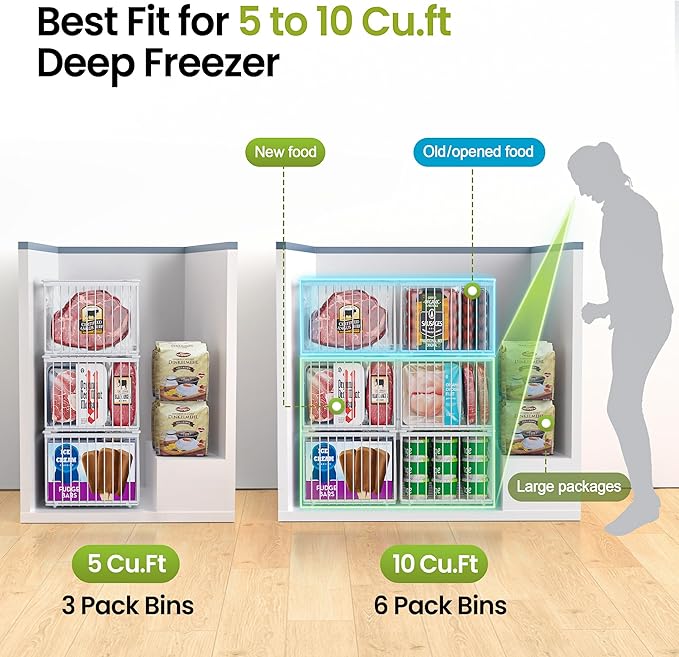 Freezer Organizer Bins, 6 Pack Enlarged Baskets for 5-9 Cu.FT Deep Freezer | Stackable Chest Freezer Organizer Bins, Foldable with Handles, White Storage Container Baskets for Sort Frozen Meats