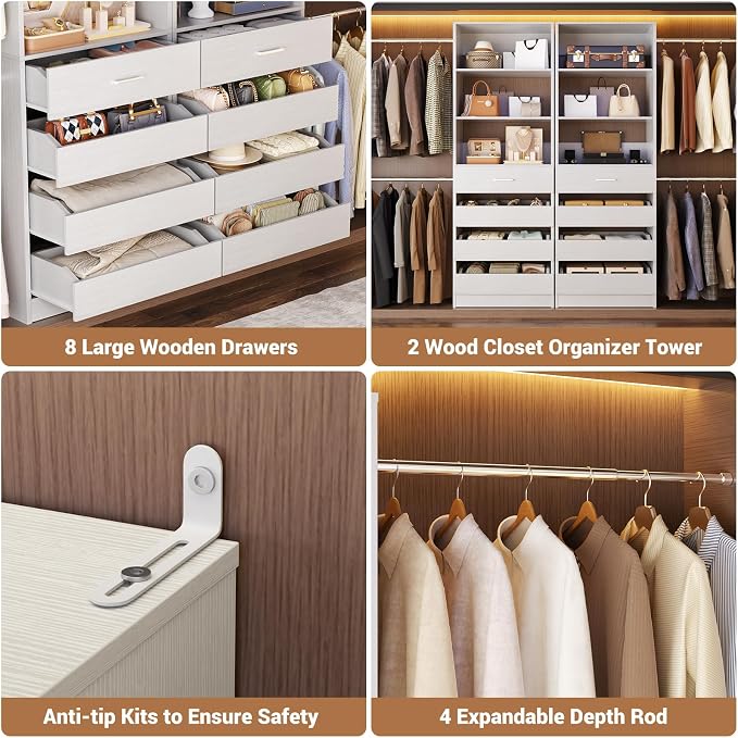 Aheaplus Closet System, 6-15Ft Closet Organizer with 8 Wooden Drawers, Wood Closet Organizer System with Tower, Walk-in Closet Organizer Wardrobe Clothes Rack with 4 Hanging Rods, Garment Rack, White