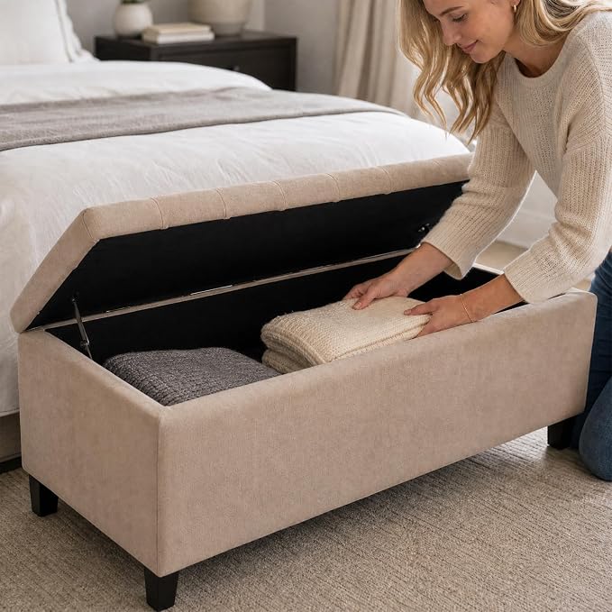 Madison Park 49" Upholstered Storage Bench, Button Tufted End of Bed Bench with Storage, Dual Spring Soft-Close Lid, Bedroom Bench for Queen King Bed, Entryway Living Room, Sand