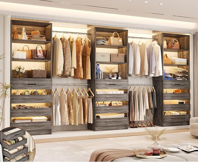 Aheaplus Closet System with 12 Drawers, 8.5-11.5Ft Wood Closet Organizer System with 4 Hang Rods & 3 Towers, 4Ft & 6Ft L-Shaped Walk-in Closets Wardrobe Organizer Clothes Rack, Set of 3, Black Oak1