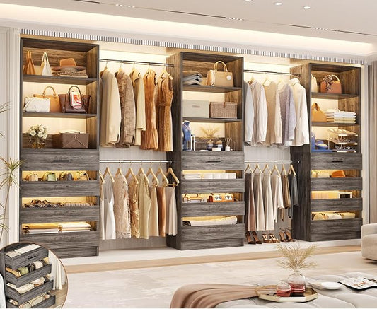 Aheaplus Closet System with 12 Drawers, 8.5-11.5Ft Wood Closet Organizer System with 4 Hang Rods & 3 Towers, 4Ft & 6Ft L-Shaped Walk-in Closets Wardrobe Organizer Clothes Rack, Set of 3, Black Oak1