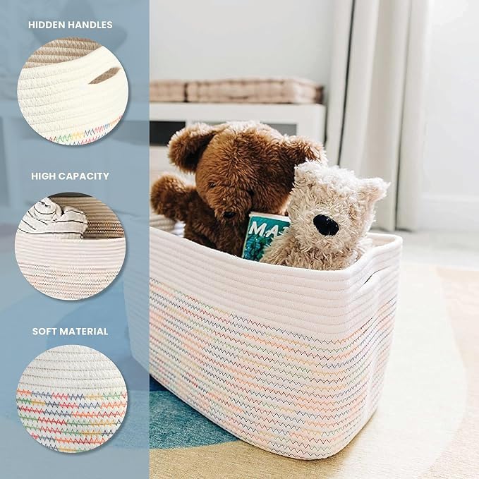 OrganiHaus Rainbow Basket for Shelf Storage, 15x9x10 | Colorful, handwoven cotton rope; a toy bin for playroom, classroom, or girls' room decor; great for nursery too