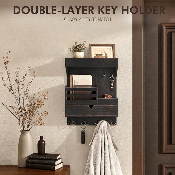 Rebee Vision Key Holder Wall Mount with Shelf for Entryway,Distressed Black | Pine Wood, Key Holder for Wall, 6 Key Hooks, Shelf, Plant Display, Drawer Organizer, Mail Organizer, Home Decor Aesthetic