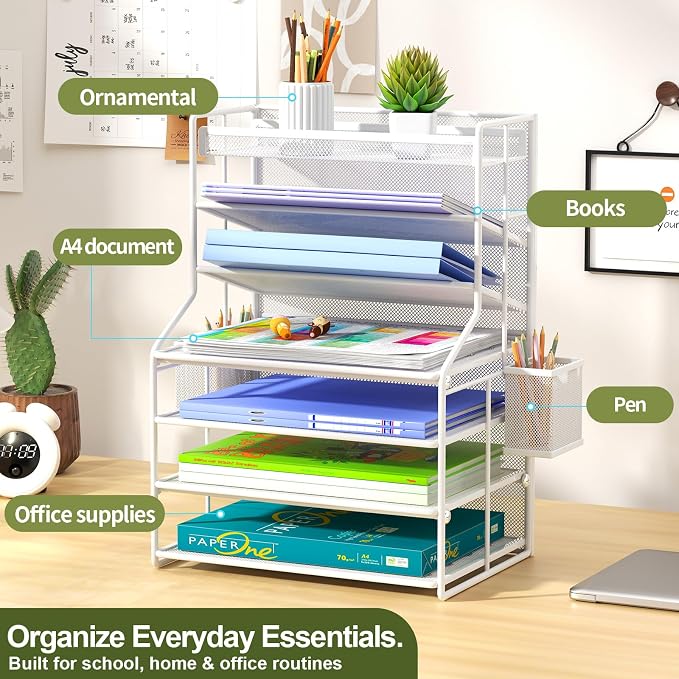White 7 Tier Desk File Organizer, Metal Letter Tray Paper Organizer with Pull-Out Drawer, Removable Pen Holder & Hanging Basket, Vertical Desktop File Holder for Home Office, Classroom