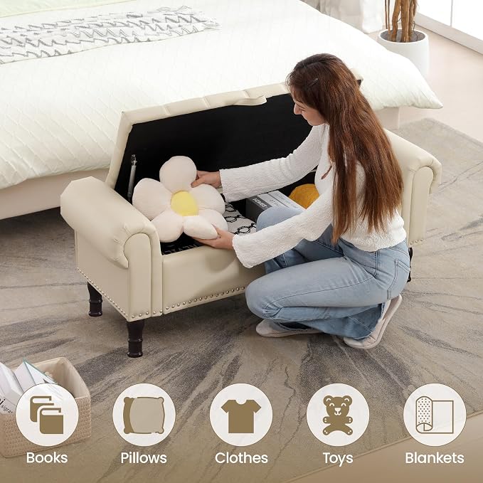 YOUDENOVA Ottoman with Storage, 51" End of Bed Bench with Rolled Arms, Upholstered Storage Bench with Vintage Rivets for Bedroom, Living Room, Entryway, Beige+Brown Legs