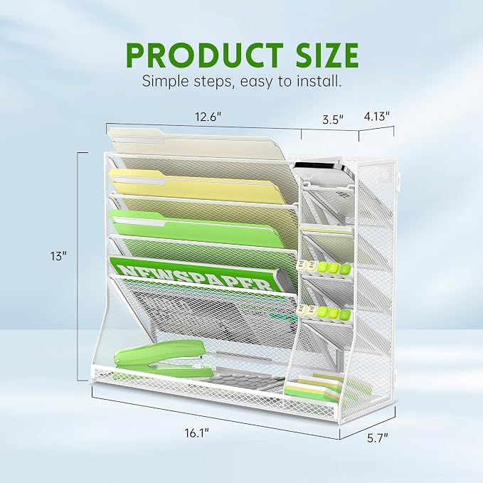 5-Tier Wall File Organizer with 4 Pen Holders and R-Shaped Tray,White | 5-Tier Wall Organizer and Wall File Organizer with 4 Pen Holders and R-Shaped Base for Wall Mount or Desktop Use