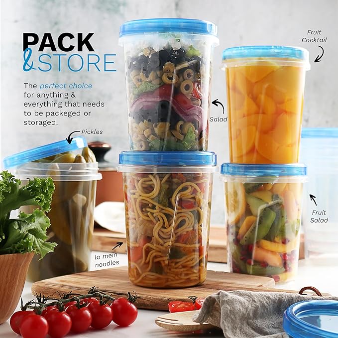 Tafura Freezer Containers, 6 Pack, 32 Oz, Leakproof BPA-Free Lids | Twist-top screw-on closures help prevent spills during storage, transport, and meal prep.