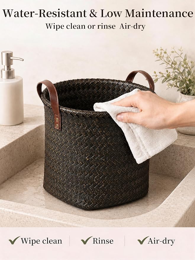Wicker Storage Baskets, 4 Pack Woven Baskets for Shelves, Dark Gold | PP Rattan, Water-resistant Wicker Basket, Large Baskets with Faux Leather Handles for Blanket, Laundry Organizer, Room Decor