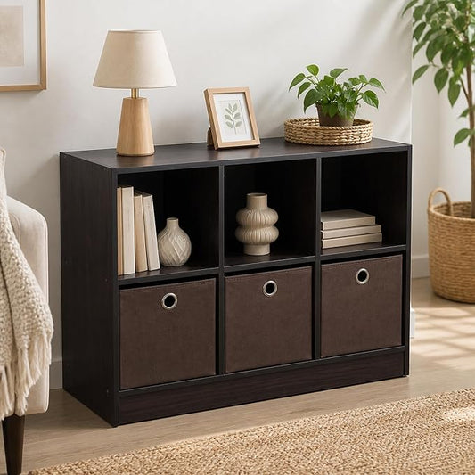 6-Cube Bookshelf with Storage Bins, Cube Bookcase, Book Shelf with Storage Bins, 11.9 x 31.6 x 23.6, for Living Room, Home Office, Dark Walnut