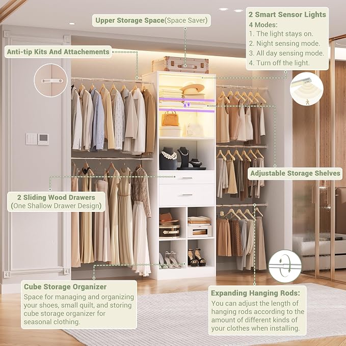 Besiost Closet System with Smart Sensor Lights, 4-8 FT Closet Organizer System with 2 Wooden Drawers and 5 Hanging Rods, Can Fit 60 to 96 inch Built-in Walk-in Closet System, White
