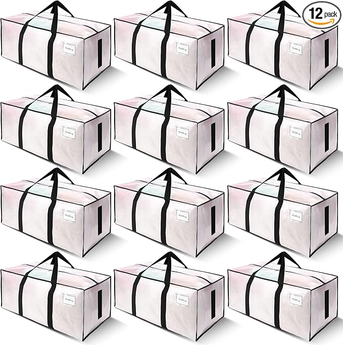 SWEET DOLPHIN 12 Pack 200LB Heavy-Duty Moving Bags with Wrap-Around Handles, Extra Large Storage Totes for Space Saving, Clothes Storage Bags, College Dorm Essentials, Semi-Transparent, 24 Gal