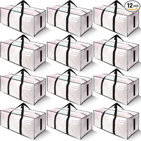 SWEET DOLPHIN 12 Pack 200LB Heavy-Duty Moving Bags with Wrap-Around Handles, Extra Large Storage Totes for Space Saving, Clothes Storage Bags, College Dorm Essentials, Semi-Transparent, 24 Gal