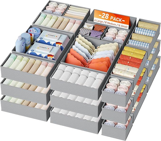 DIMJ Drawer Organizer Clothes, 28 Pack Dresser Organizer, Foldable Closet Organizers and Storage, Fabric Dresser Bins, Drawer Dividers for Nursery, Baby Clothes, Underwears, Sock,Gray