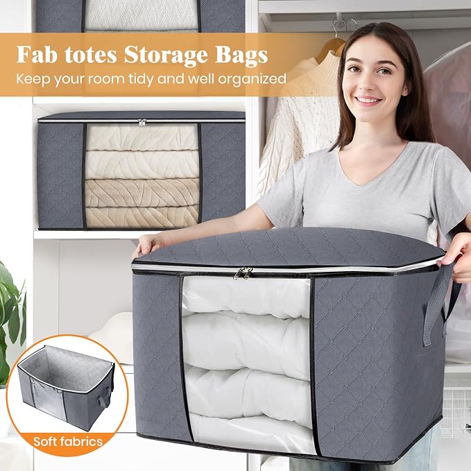 Fab totes 24 Gallons Clothes Storage, Foldable Thick Fabric Blanket Storage Bags, Containers for Organizing Bedroom, Closet, Clothing, Comforter, Organization with Handle (3 Pack,Grey)