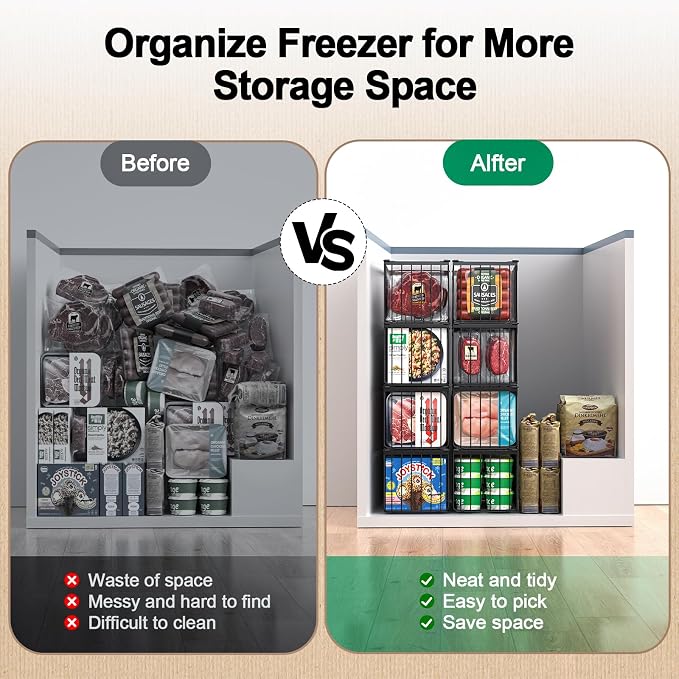 MSERCUOR Freezer Organizer Bins, 4 Pack Stackable Deep Chest Freezer Organizer Bins, Foldable Baskets with Handles, Black Storage Container Baskets for 5/ 7 Cu.FT Deep Freezer Sort Frozen Meats