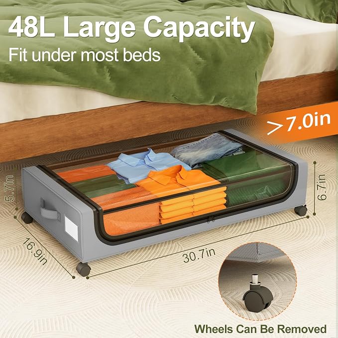 GoMaihe Under Bed Storage with Wheels 48L Grey 4-Pack | Underbed Storage Containers with Lids Rolling Bins for Shoes Clothes in Dorm Bedroom - Metal Drawers Easy Pull-out