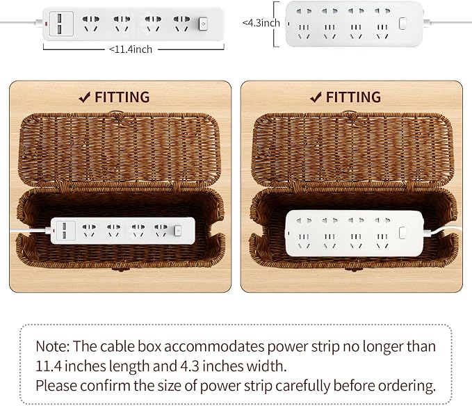 Cable Management Box, Desk Handwoven Rattan Cord Hider Cable Organizer Box With Lid Button Lock, Power Strip Cover Wicker Decorative Basket, Floor Wire Hiding Extension Cord Box (dark brown)