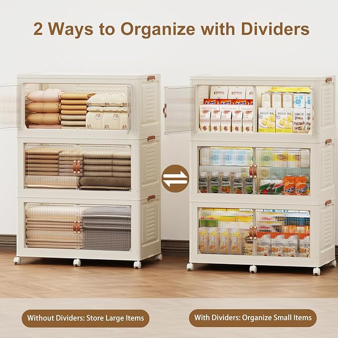 SAILUN 145Gal/579Qt Stackable Storage Bins Folding Collapsible Storage Bins with Lid, Closet Organizers and Storage Box with Door Cream 33.5" W x 19" D x 53" H