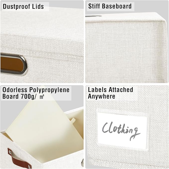 Roobyl 15" Large Collapsible Storage Bins with Lids, Stackable Closet Organizers with PU Handle and Labels, 3-Pack Decorative Fabric Storage Boxes for Home, Bedroom, Closet, Office, Nursery(White)