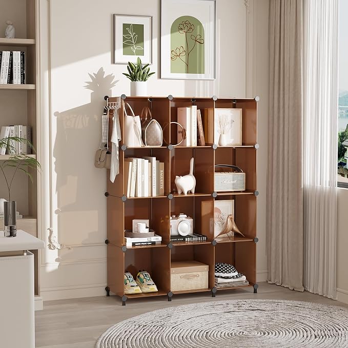AWTATOS Closet Organizer, 12 Cube Storage Organizer Shelves, Cocoa Brown | Portable Closet Organizers Storage Shelves, DIY Stackable Bookshelf, Plastic Clothes Organizer Shelving for Home, Bedroom