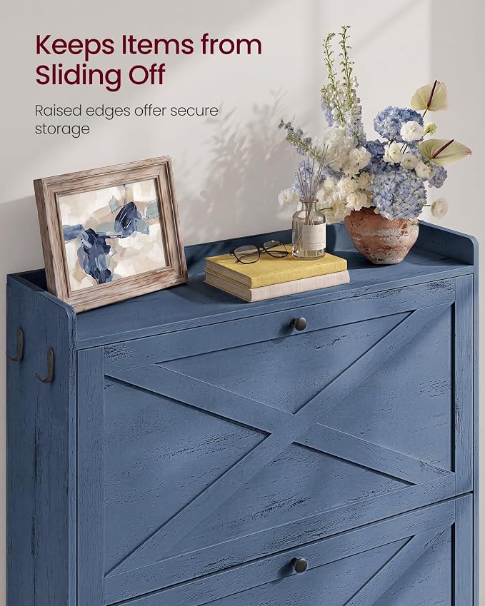 VASAGLE Shoe Storage Cabinet Organizer with 2 Flip Drawers, Freestanding Narrow Shoe Rack Cabinet for Entryway, Farmhouse Style, Fits 14 to 16 Pairs, Cloud Creek Blue UHSC203QR01