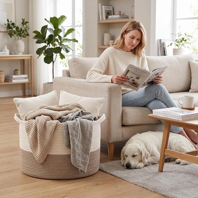 90L Woven Blanket Basket,Extra Large Laundry Basket-White & Brown | Collapsible Nursery Storage Bin with Sturdy Handles, Organizes Clothes, Toys and Pillows for Living Room, Bedroom, Bathroom