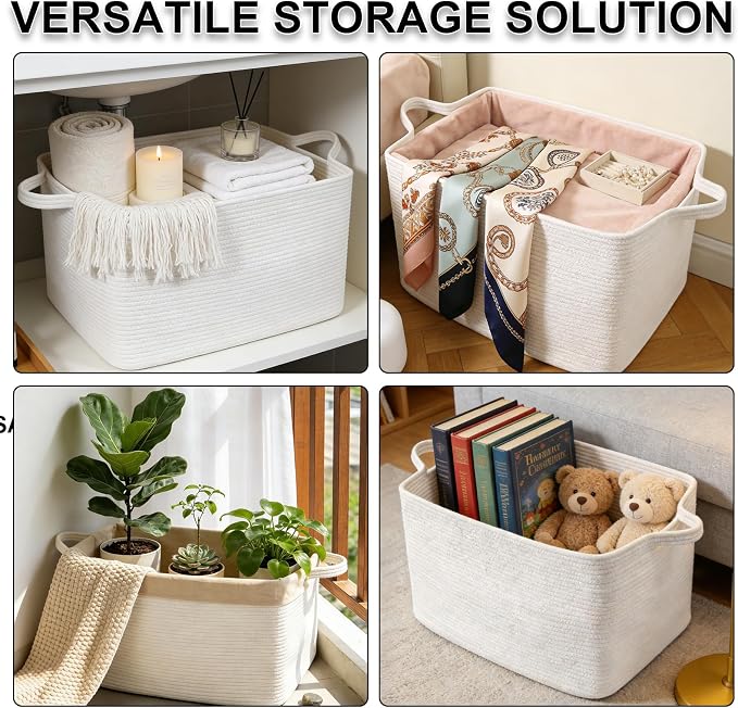 65L Collapsible Woven Rope Laundry Basket with Handles, White | 21x16x12 Foldable Rectangular Blanket Basket for Toys, Clothes & Pillows,Ideal for Nursery, Bathroom, Bedroom, Living Room