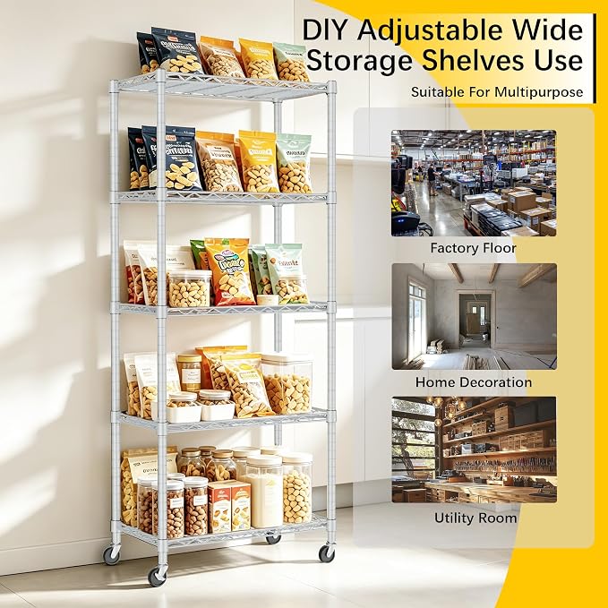 REGILLER 5-Wire Shelving Metal Storage Rack Adjustable Shelves,Standing Storage Shelf Units for Laundry Bathroom Kitchen Pantry Closet(Silver,11.8" D x 21.2" W x 55" H,With Wheels)