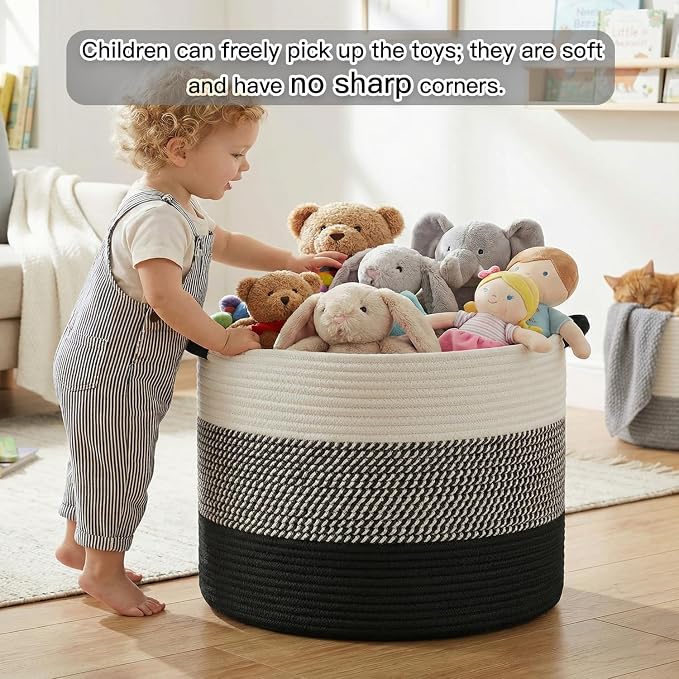 Artfeel 100L Large Cotton Rope Basket, Decorative Woven Blanket Storage for Living Room, Boho Toy Storage & Toy Box for Kids, Versatile Laundry Basket & Nursery Hamper for Blankets(Black)