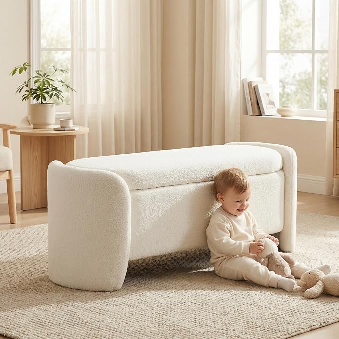 LukeAlon 50" Wide Sherpa Storage Bench, Sturdy Solid Wood Frame Ottoman with Large Hidden Storage, Anti-Slip & Durable Shoe Bench for Bedroom, Entryway, Living Room, White, No Assembly Required
