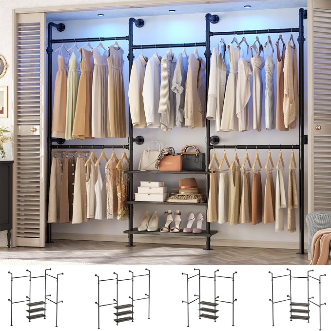 Aheaplus Expandable Industrial Pipe Clothing Rack, 7.3-10.9Ft Wall Mounted Closet System, Reversible L Shaped Clothes Rack for Hanging Clothes,Heavy Duty Corner Wardrobe Closet Garment Rack, Black Oak