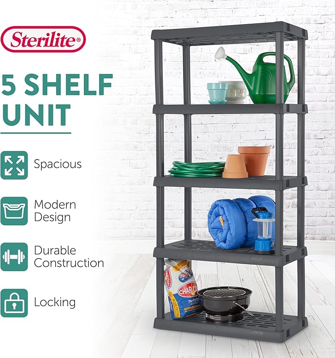 Sterilite 5 Shelf Unit, Heavy-Duty Shelving Storage Rack for Home and Garage, Gray - Multipurpose Plastic Organizer Shelves for Smart Organization | Freestanding Organizer with 150 lb Capacity Per Shelf for Kitchen, Bathroom, Garage, Basement, Pantry &...